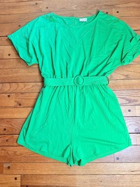 Pink Lily Green Belted  One-Piece Romper